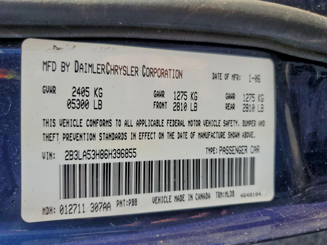 2006 Dodge Charger R/T VIN: 2B3LA53H86H396855 Lot: 94173055