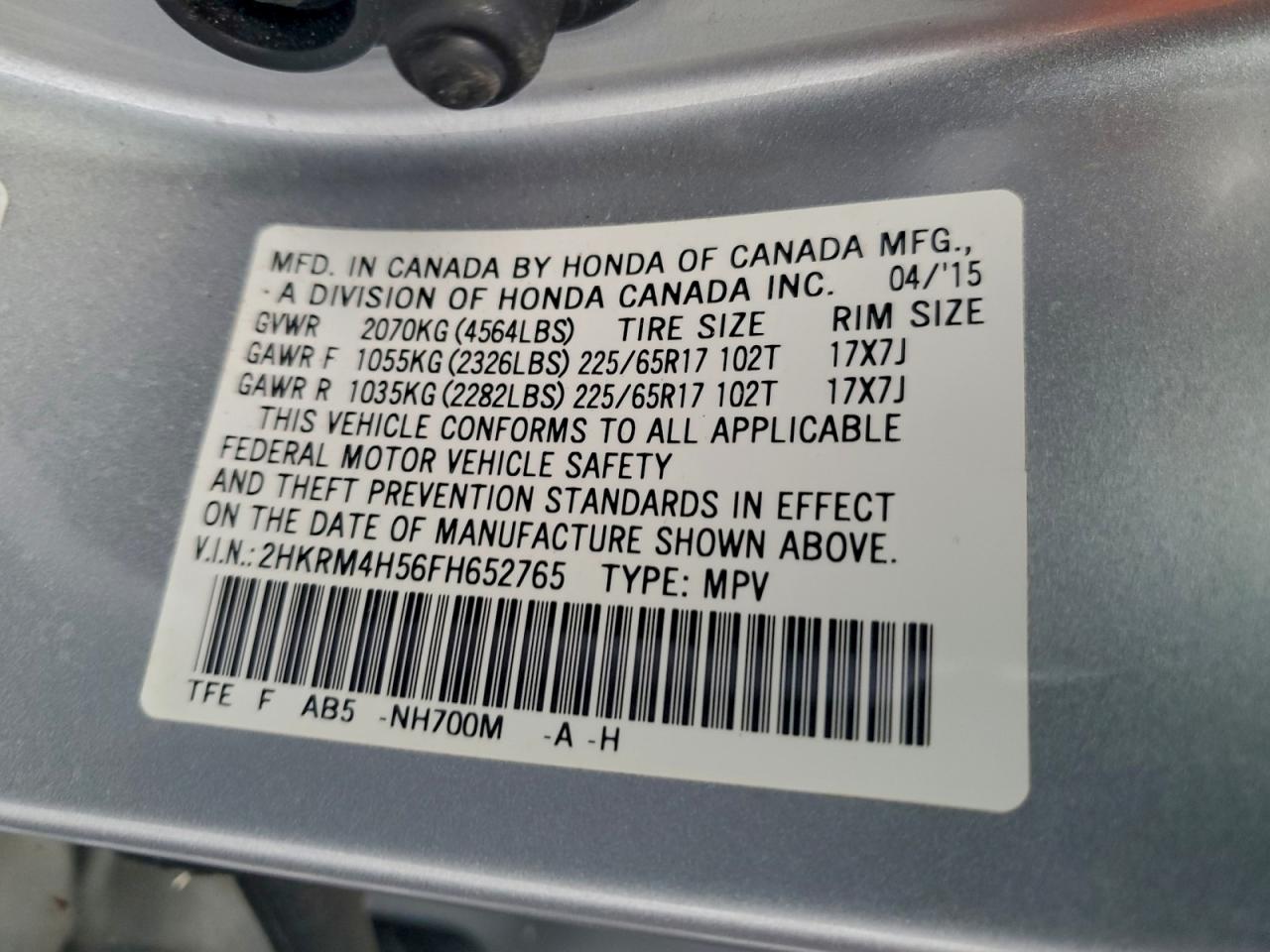 2015 Honda Cr-V Ex VIN: 2HKRM4H56FH652765 Lot: 94590555