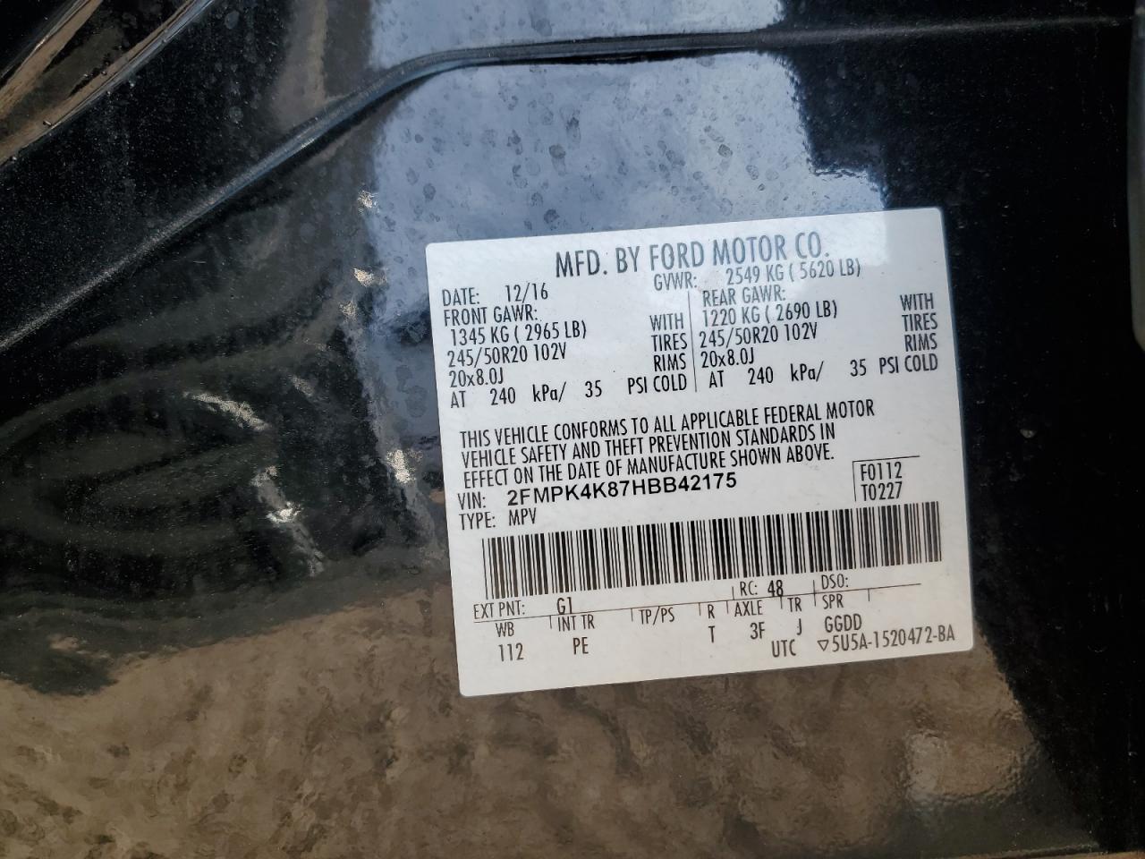 2017 Ford Edge Titanium VIN: 2FMPK4K87HBB42175 Lot: 91359425