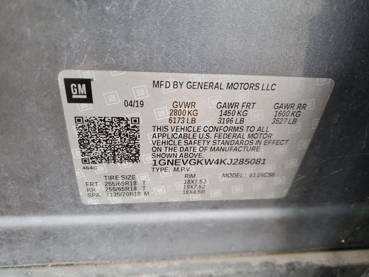 2019 Chevrolet Traverse Lt VIN: 1GNEVGKW4KJ285081 Lot: 92354035