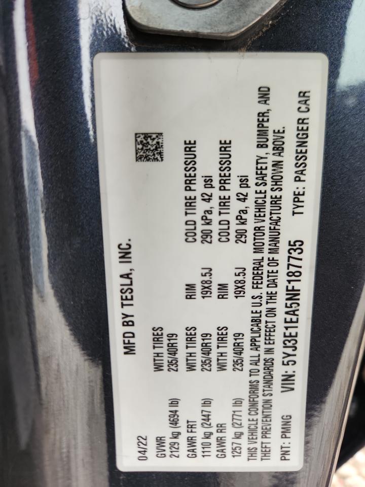 2022 Tesla Model 3 VIN: 5YJ3E1EA5NF187735 Lot: 91413135
