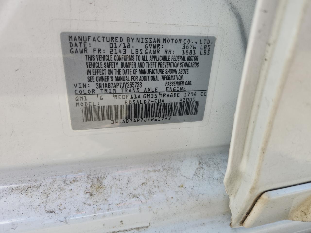 2018 Nissan Sentra S VIN: 3N1AB7AP7JY265723 Lot: 91273195