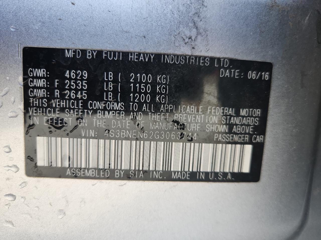 2016 Subaru Legacy 3.6R Limited VIN: 4S3BNEN62G3063744 Lot: 92010895