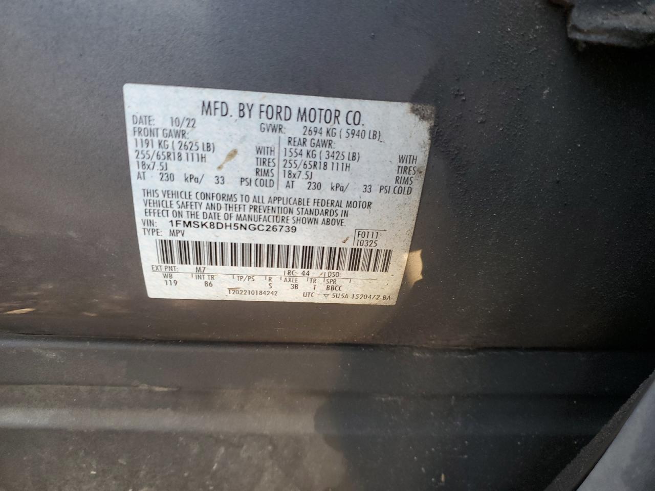 2022 Ford Explorer Xlt VIN: 1FMSK8DH5NGC26739 Lot: 92898955