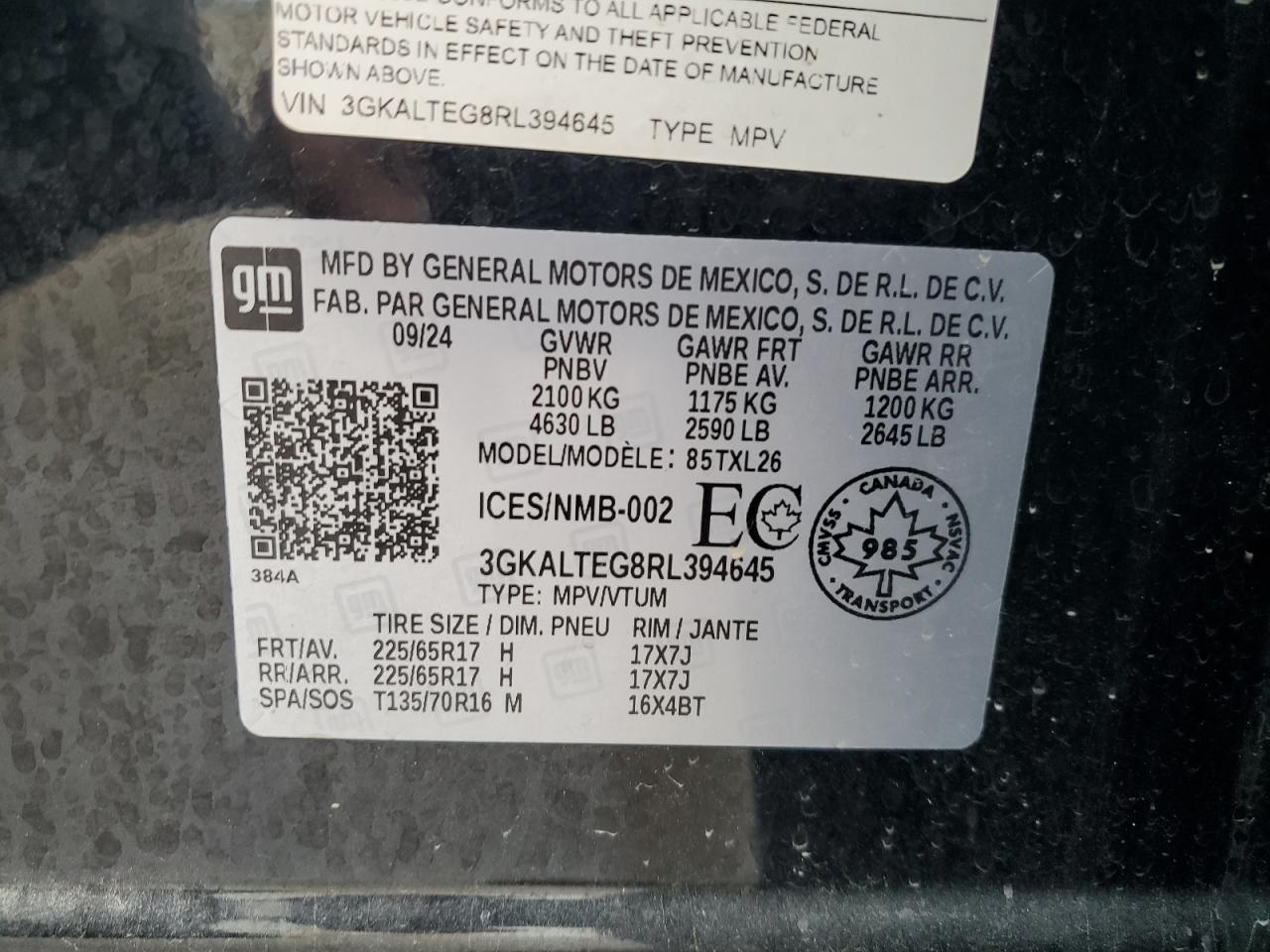 2024 GMC Terrain Sle VIN: 3GKALTEG8RL394645 Lot: 92568525