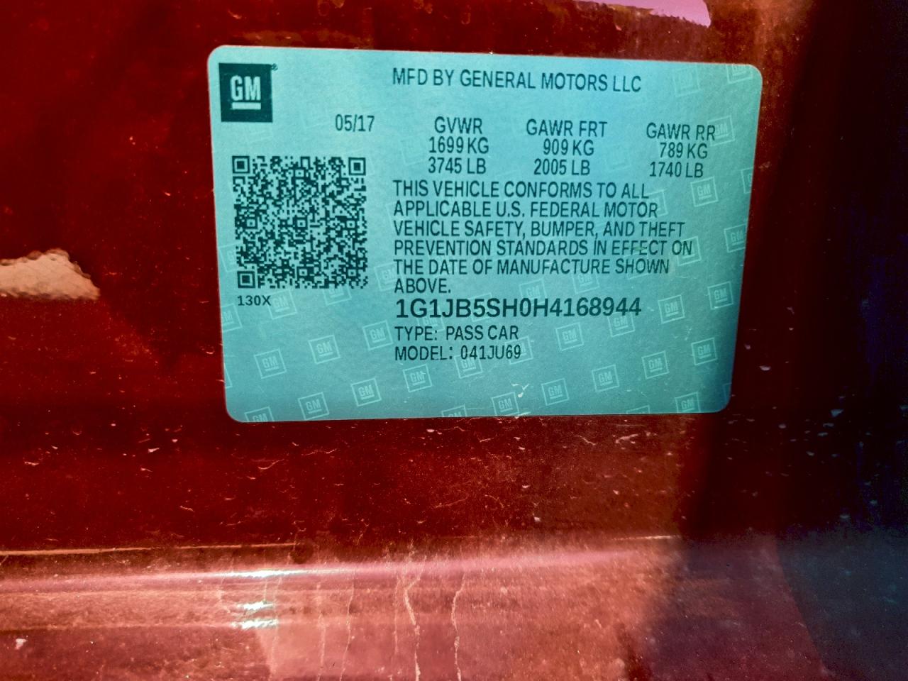 2017 Chevrolet Sonic Ls VIN: 1G1JB5SH0H4168944 Lot: 93848405