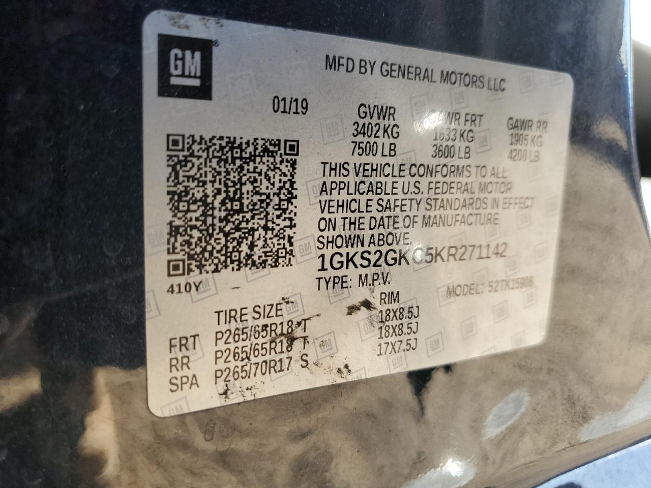 2019 GMC Yukon Xl K1500 Slt VIN: 1GKS2GKC5KR271142 Lot: 92246915