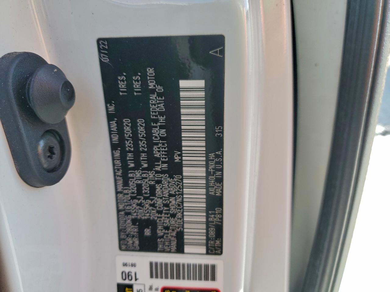 2022 Toyota Sienna Limited VIN: 5TDERKEC7NS125270 Lot: 90364455