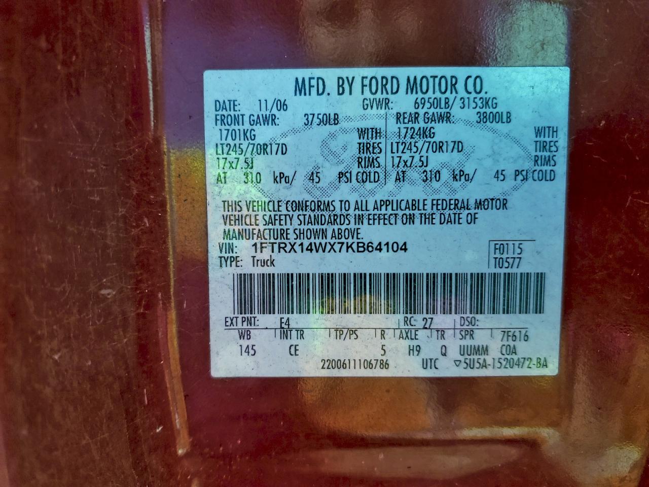 2007 Ford F150 VIN: 1FTRX14WX7KB64104 Lot: 94162665