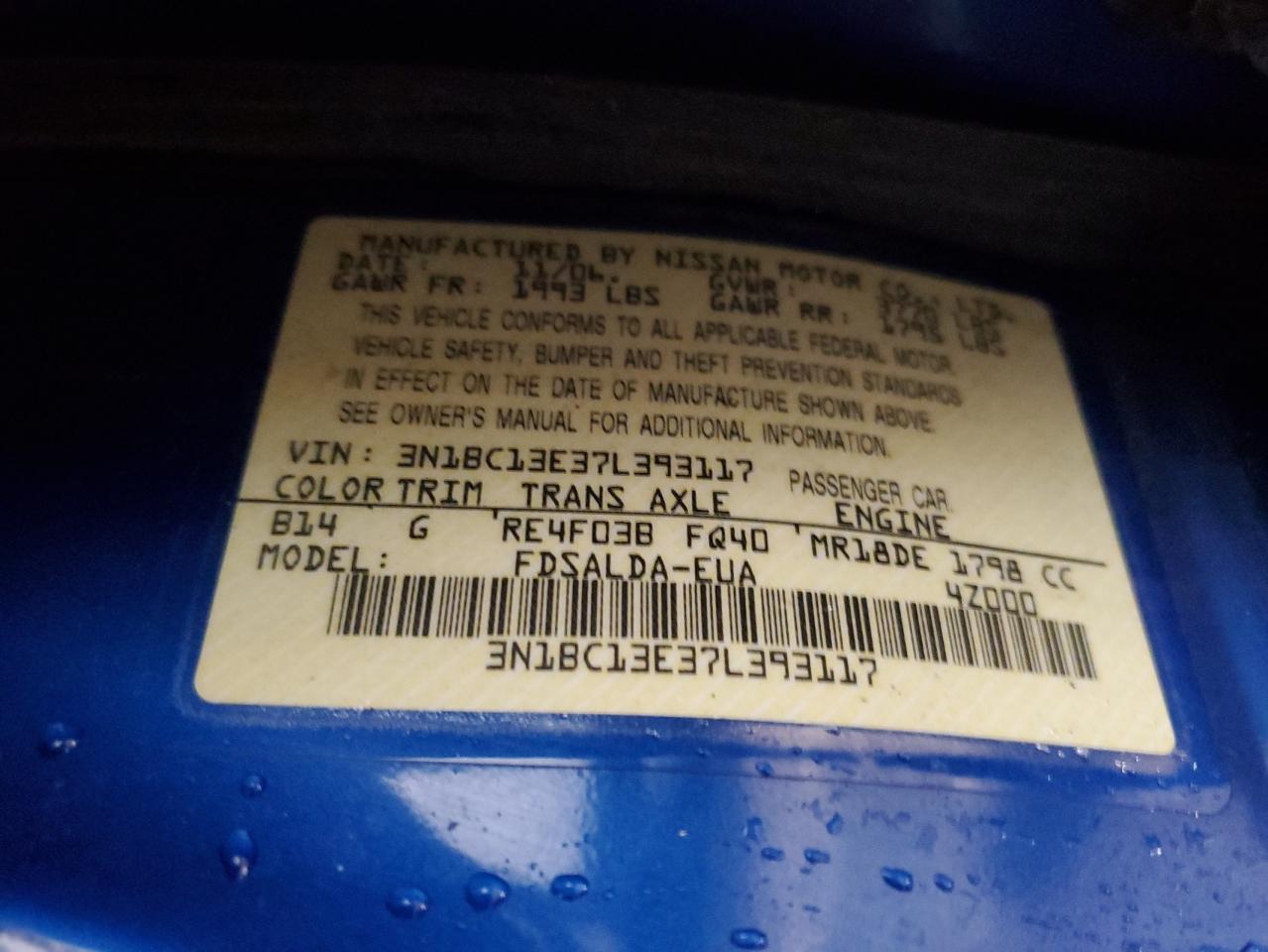 2007 Nissan Versa S VIN: 3N1BC13E37L393117 Lot: 92345695