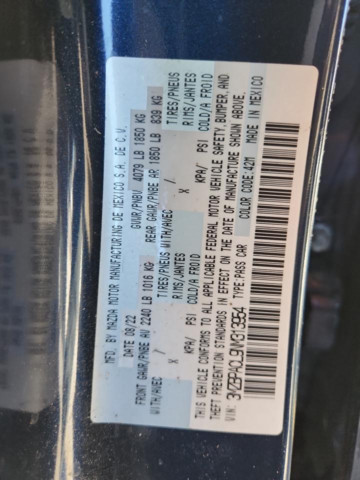 2022 Mazda 3 Preferred VIN: 3MZBPACL9NM313954 Lot: 92898985