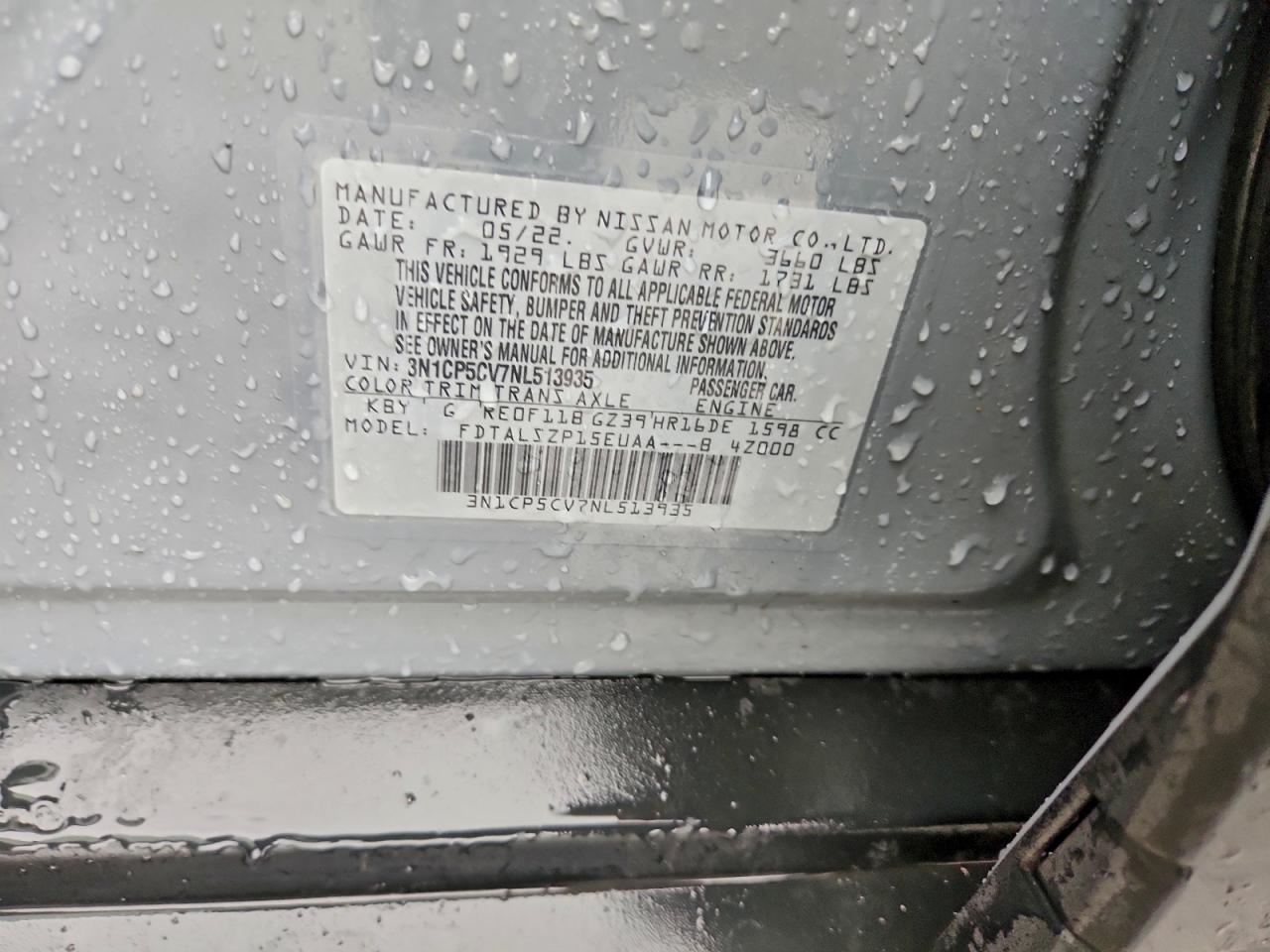 2022 Nissan Kicks Sv VIN: 3N1CP5CV7NL513935 Lot: 94294145