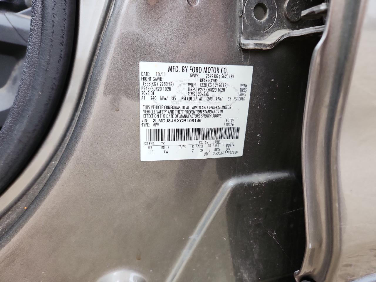 2012 Lincoln Mkx VIN: 2LMDJ8JKXCBL08146 Lot: 92564565