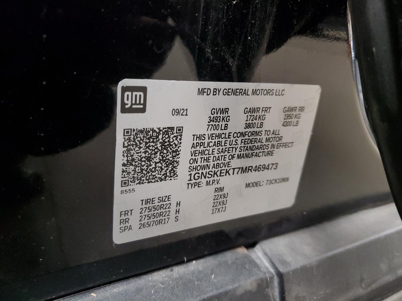 2021 Chevrolet Suburban K1500 Rst VIN: 1GNSKEKT7MR469473 Lot: 92986595