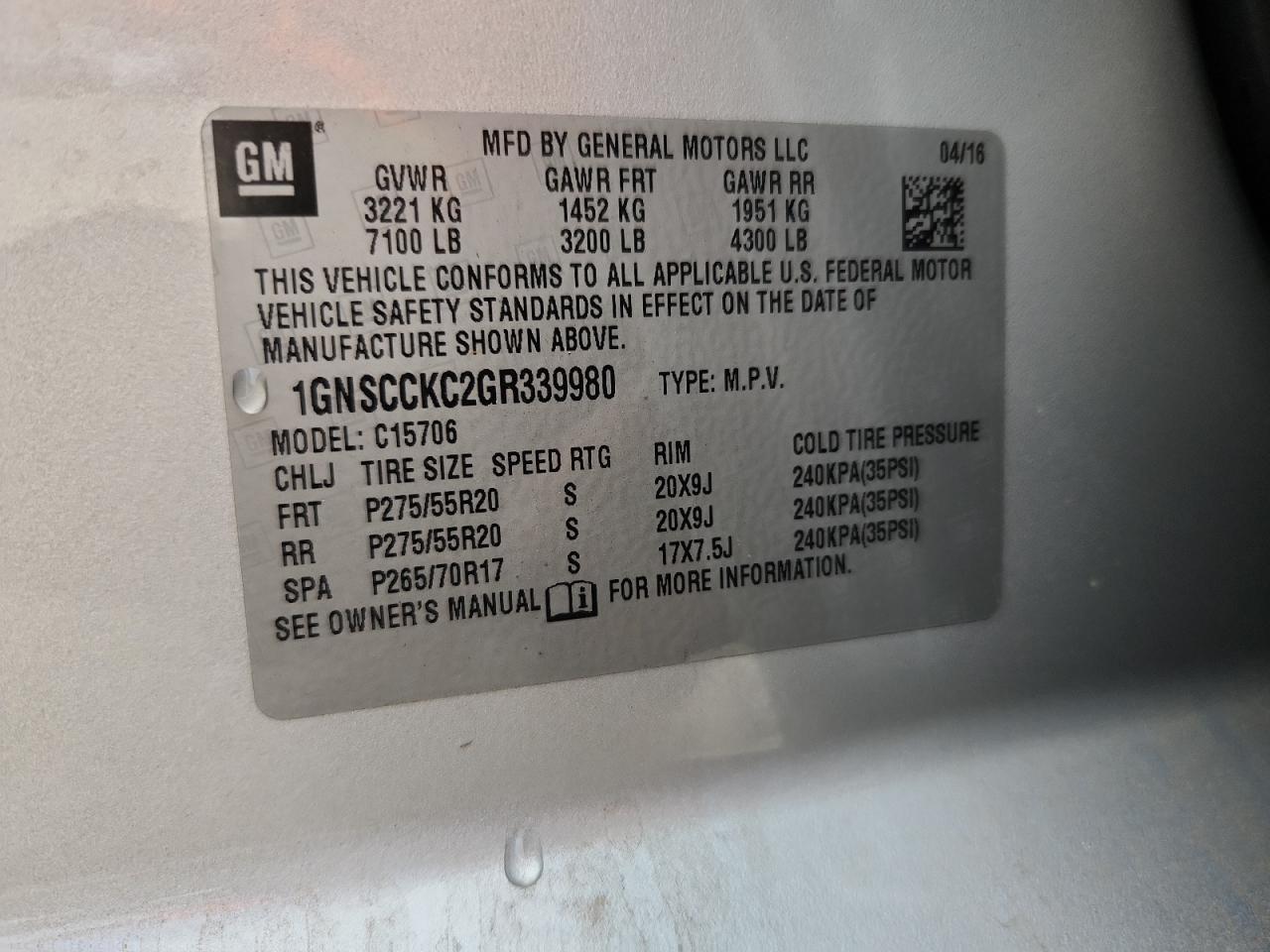 2016 Chevrolet Tahoe C1500 Ltz VIN: 1GNSCCKC2GR339980 Lot: 93262395