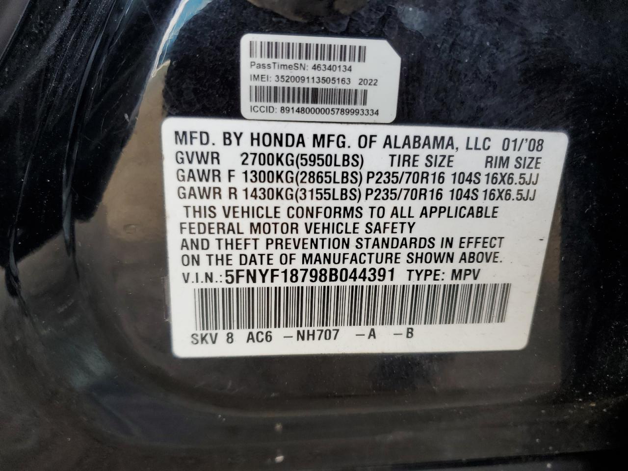 2008 Honda Pilot Exl VIN: 5FNYF18798B044391 Lot: 91552115