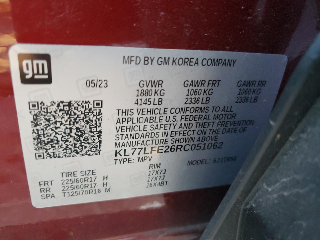 2024 Chevrolet Trax Ls VIN: KL77LFE26RC051062 Lot: 92727935