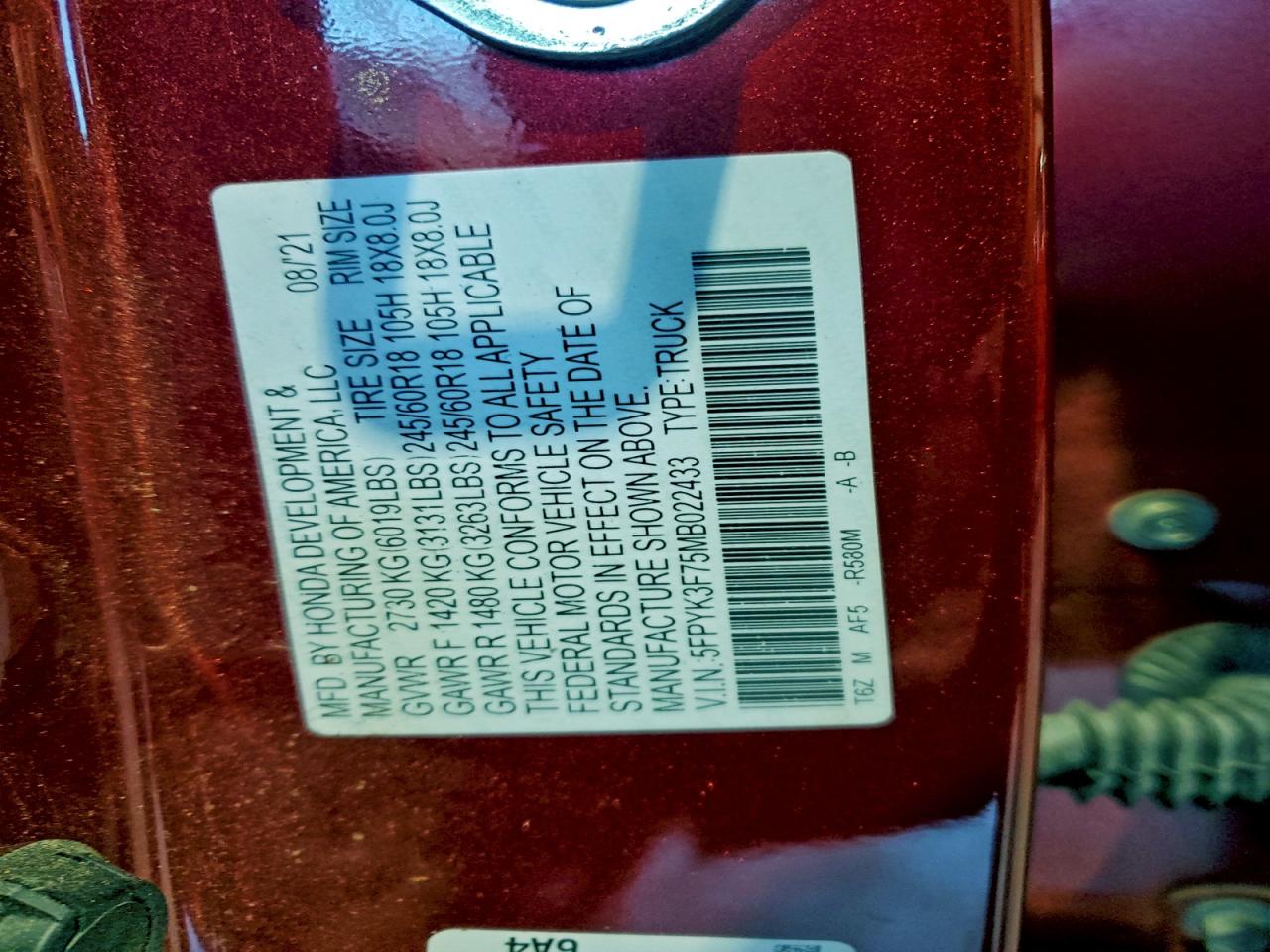 2021 Honda Ridgeline Rtl VIN: 5FPYK3F75MB022433 Lot: 94543375