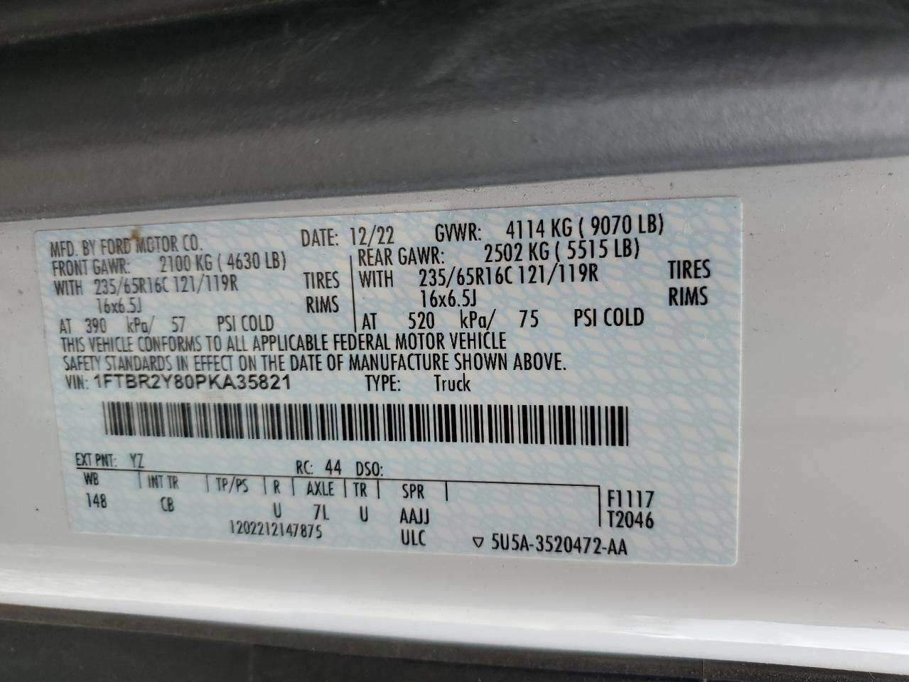 2023 Ford Transit T-250 VIN: 1FTBR2Y80PKA35821 Lot: 94198775