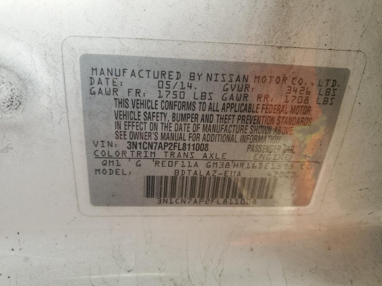 2015 Nissan Versa S VIN: 3N1CN7AP2FL811008 Lot: 93650945