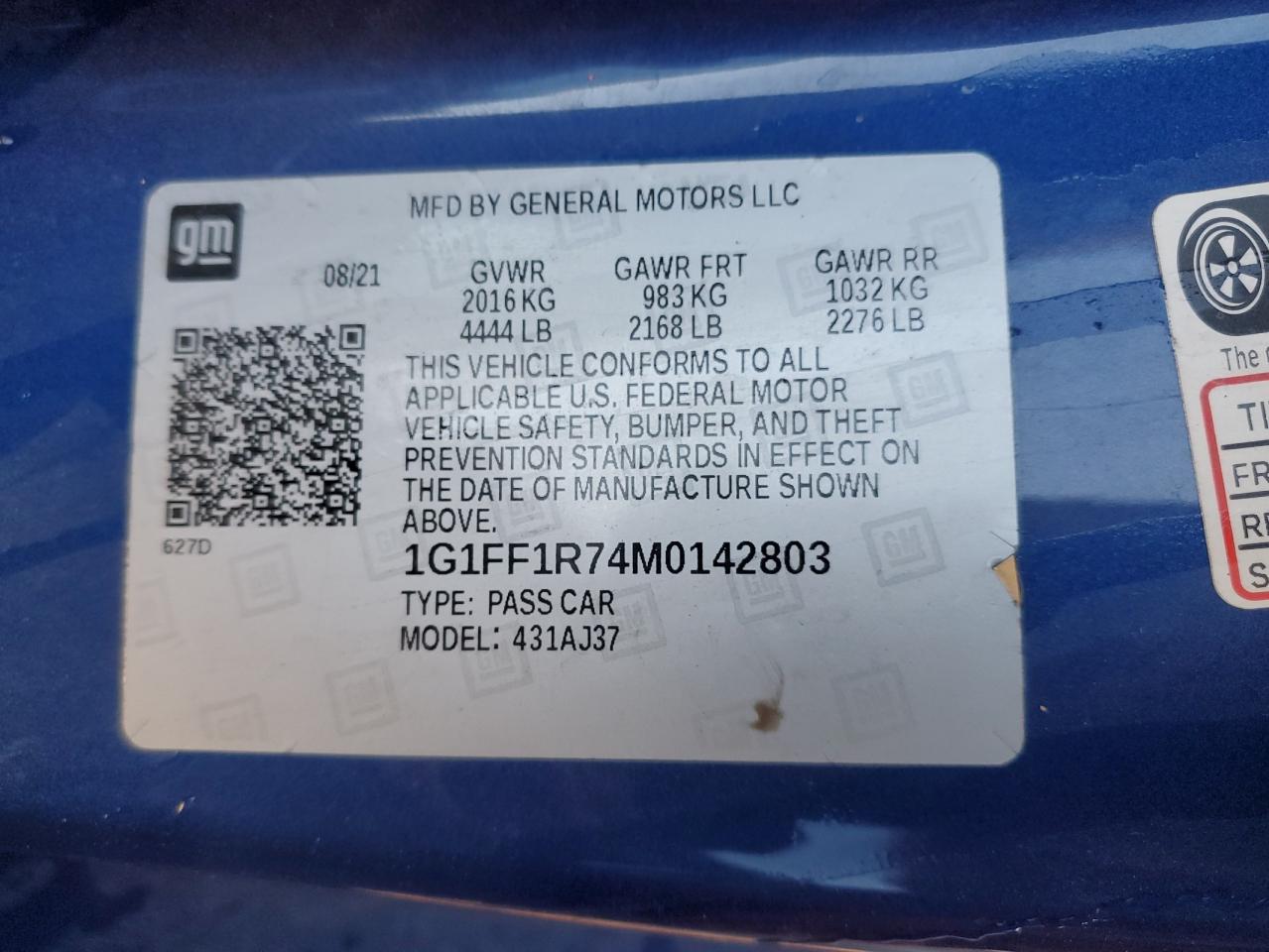 2021 Chevrolet Camaro Lz VIN: 1G1FF1R74M0142803 Lot: 91619685