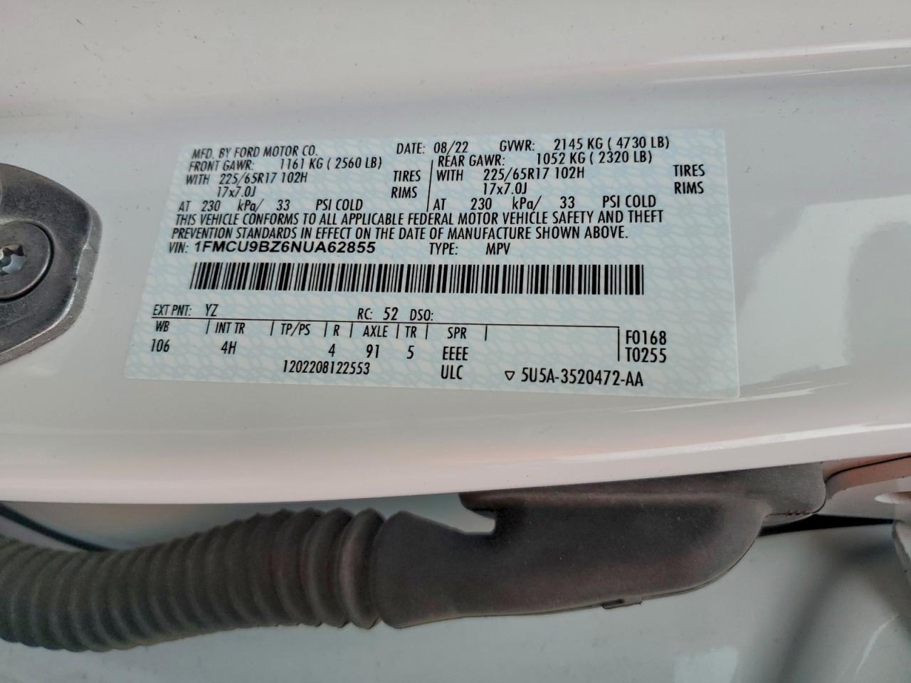 2022 Ford Escape Se VIN: 1FMCU9BZ6NUA62855 Lot: 93923275