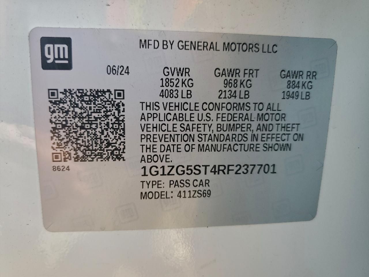 2024 Chevrolet Malibu Rs VIN: 1G1ZG5ST4RF237701 Lot: 94255485