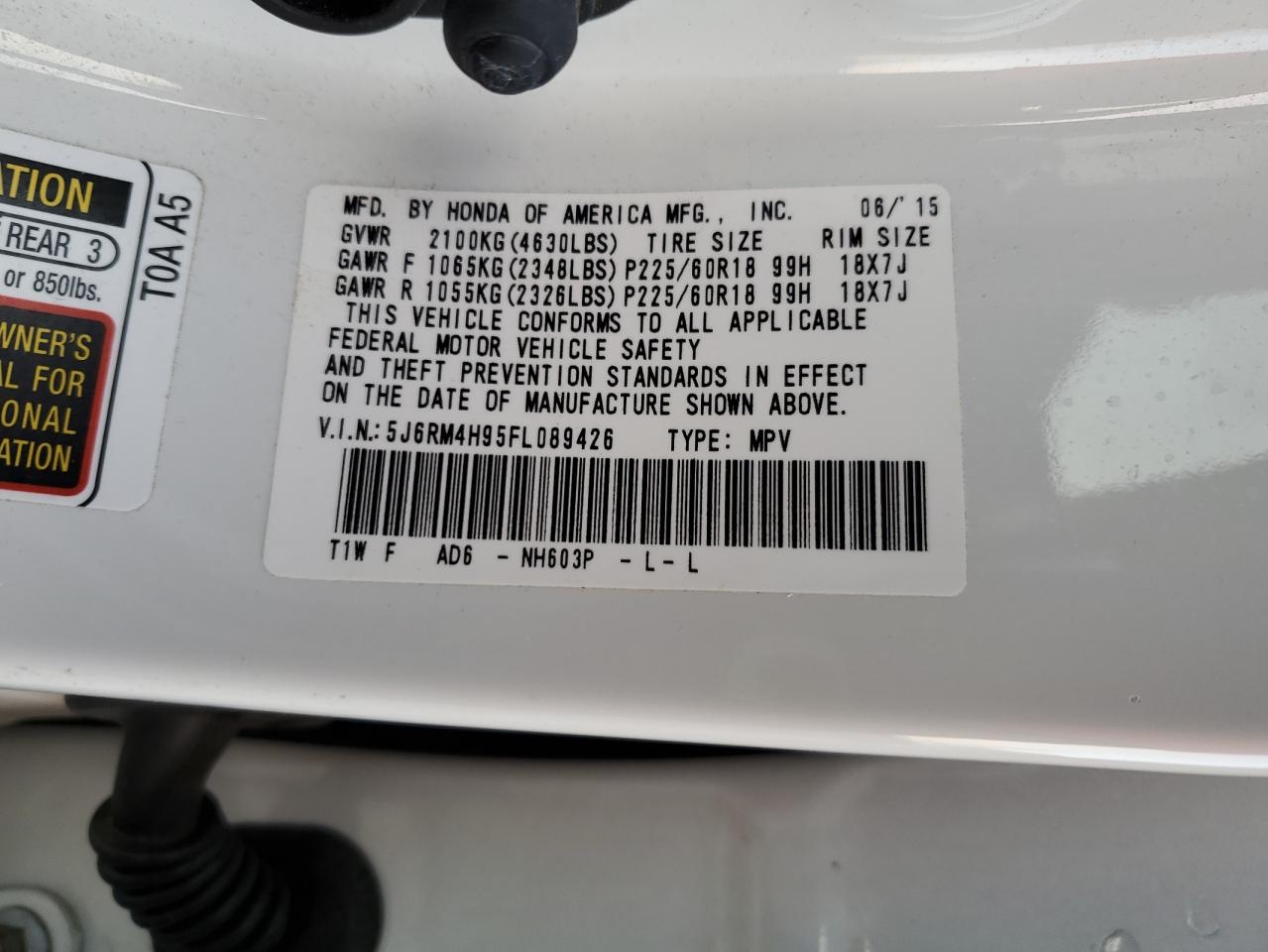 2015 Honda Cr-V Touring VIN: 5J6RM4H95FL089426 Lot: 91012195