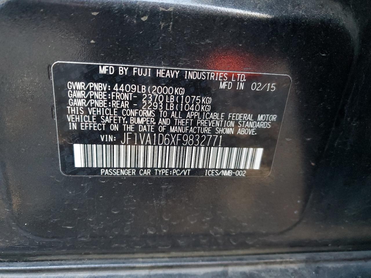 2015 Subaru Wrx Premium VIN: JF1VA1D6XF9832771 Lot: 93334125