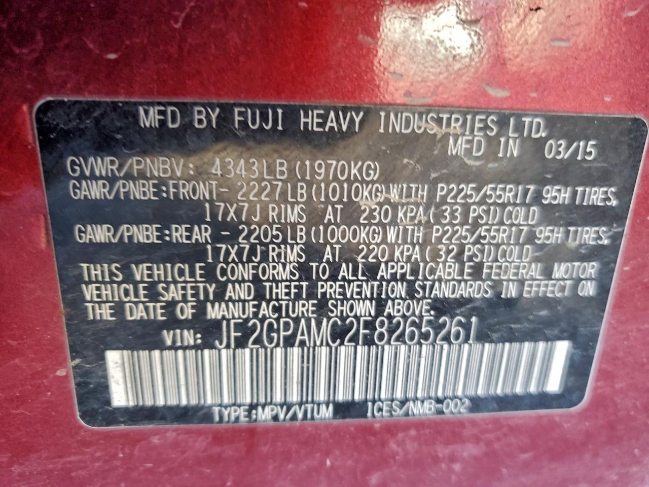 2015 Subaru Xv Crosstrek 2.0 Limited VIN: JF2GPAMC2F8265261 Lot: 94328545