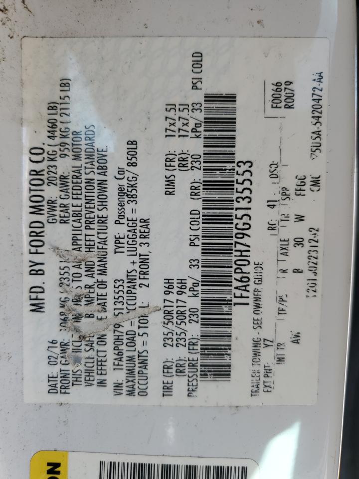 2016 Ford Fusion Se VIN: 1FA6P0H79G5135553 Lot: 91853095