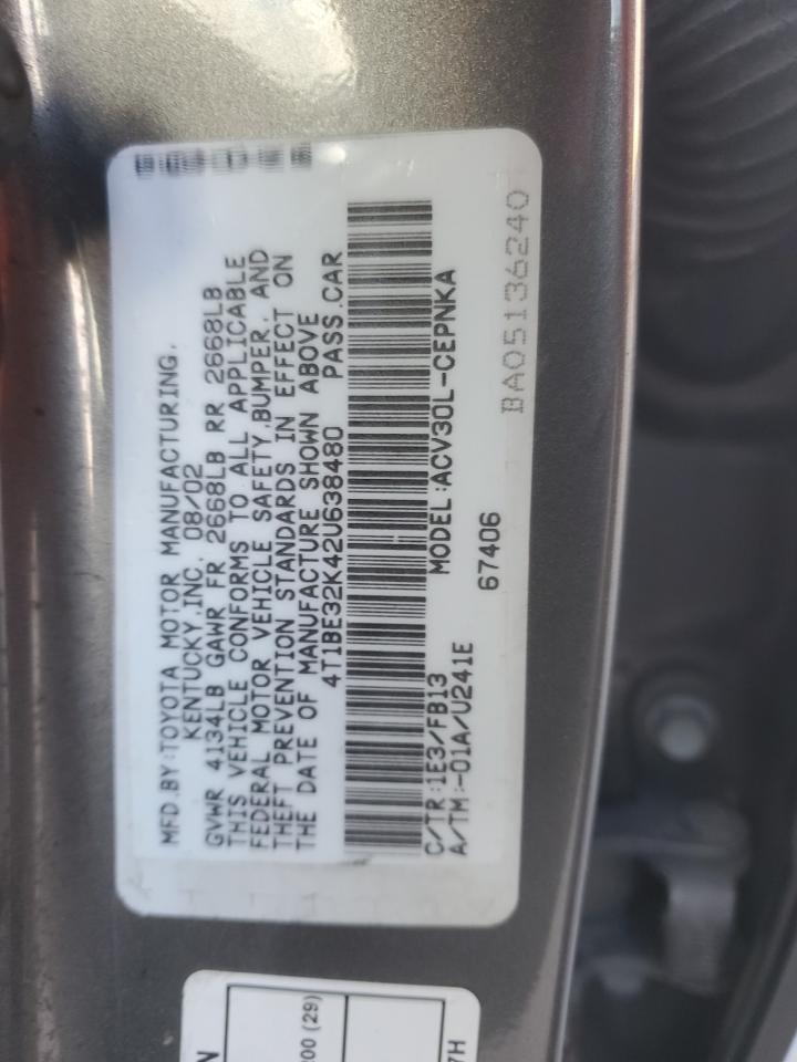 2002 Toyota Camry Le VIN: 4T1BE32K42U638480 Lot: 92003905