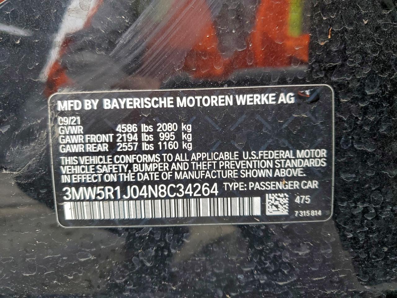 2022 BMW 330I VIN: 3MW5R1J04N8C34264 Lot: 93955105