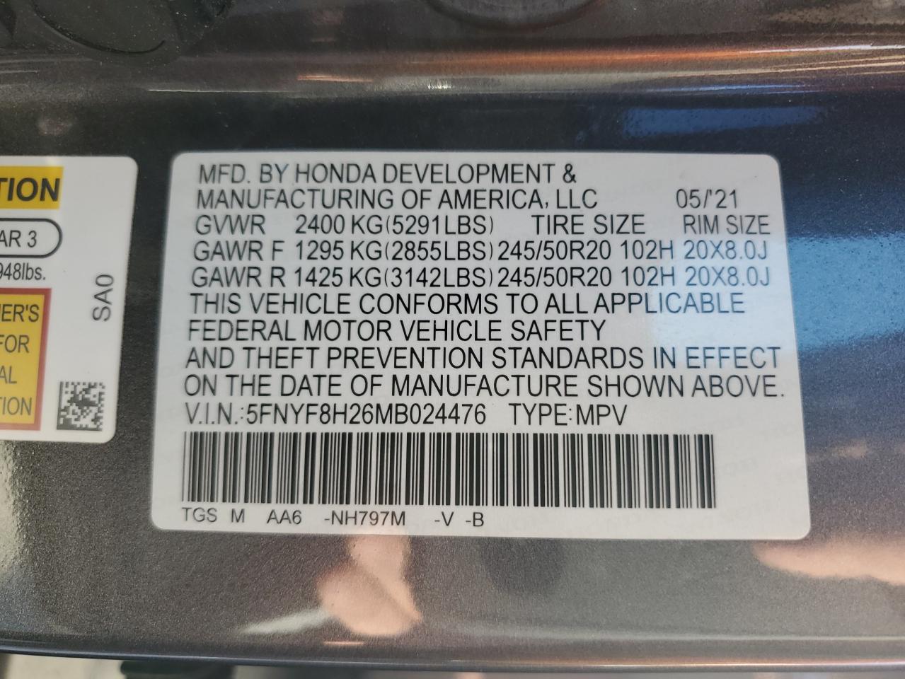 2021 Honda Passport Sport VIN: 5FNYF8H26MB024476 Lot: 91119225