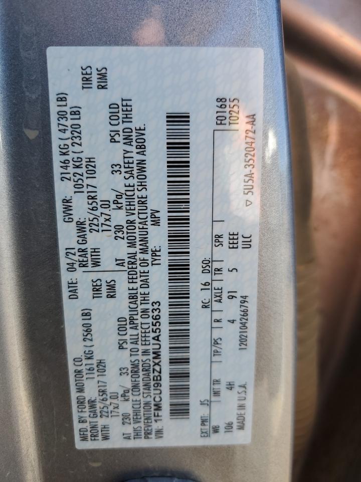 2021 Ford Escape Se VIN: 1FMCU9BZXMUA55633 Lot: 92932265