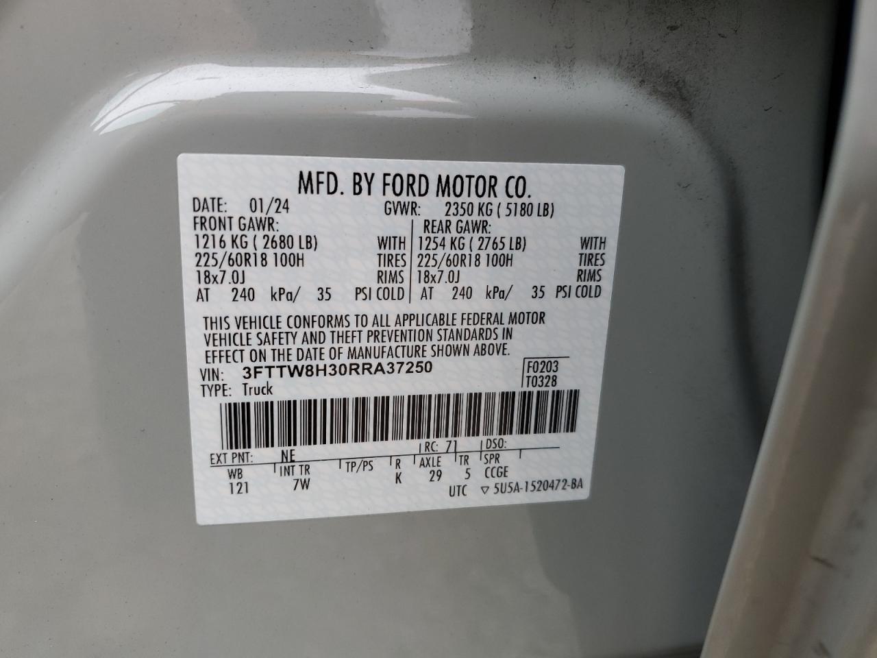 2024 Ford Maverick Xlt VIN: 3FTTW8H30RRA37250 Lot: 92319835