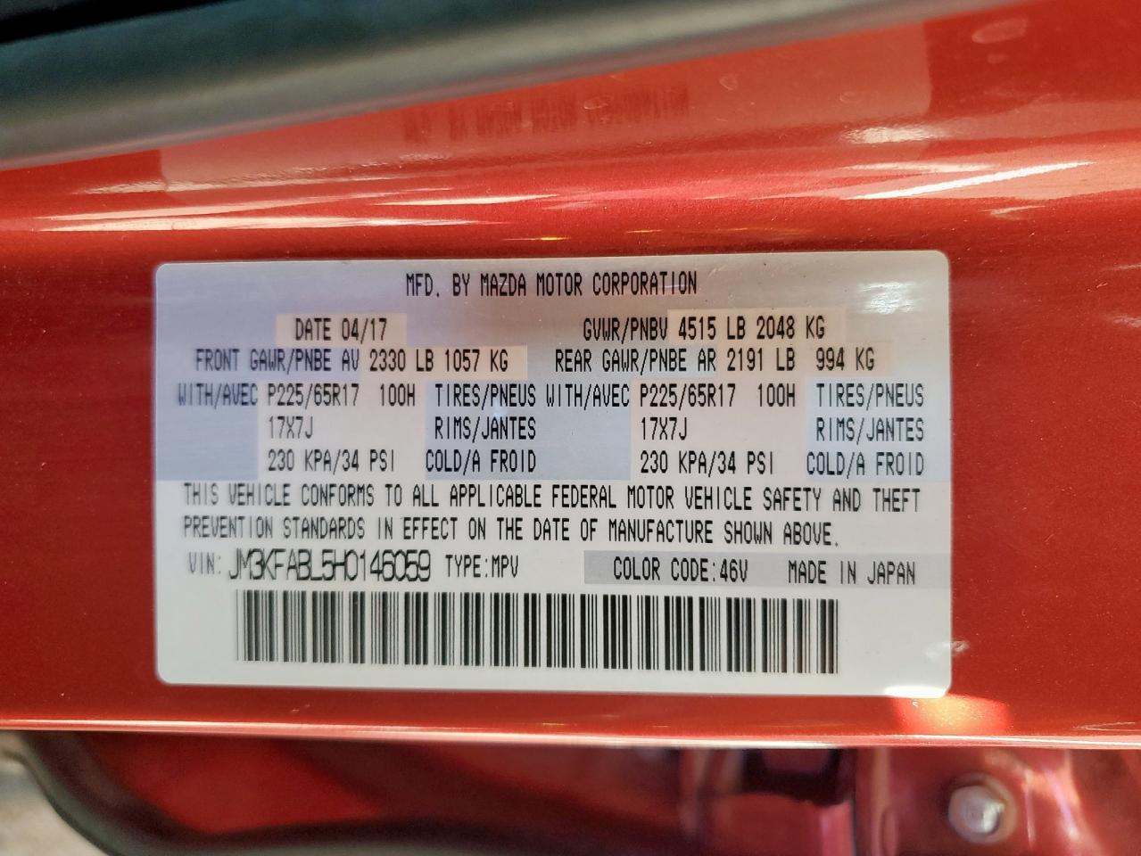 2017 Mazda Cx-5 Sport VIN: JM3KFABL5H0146059 Lot: 90612135