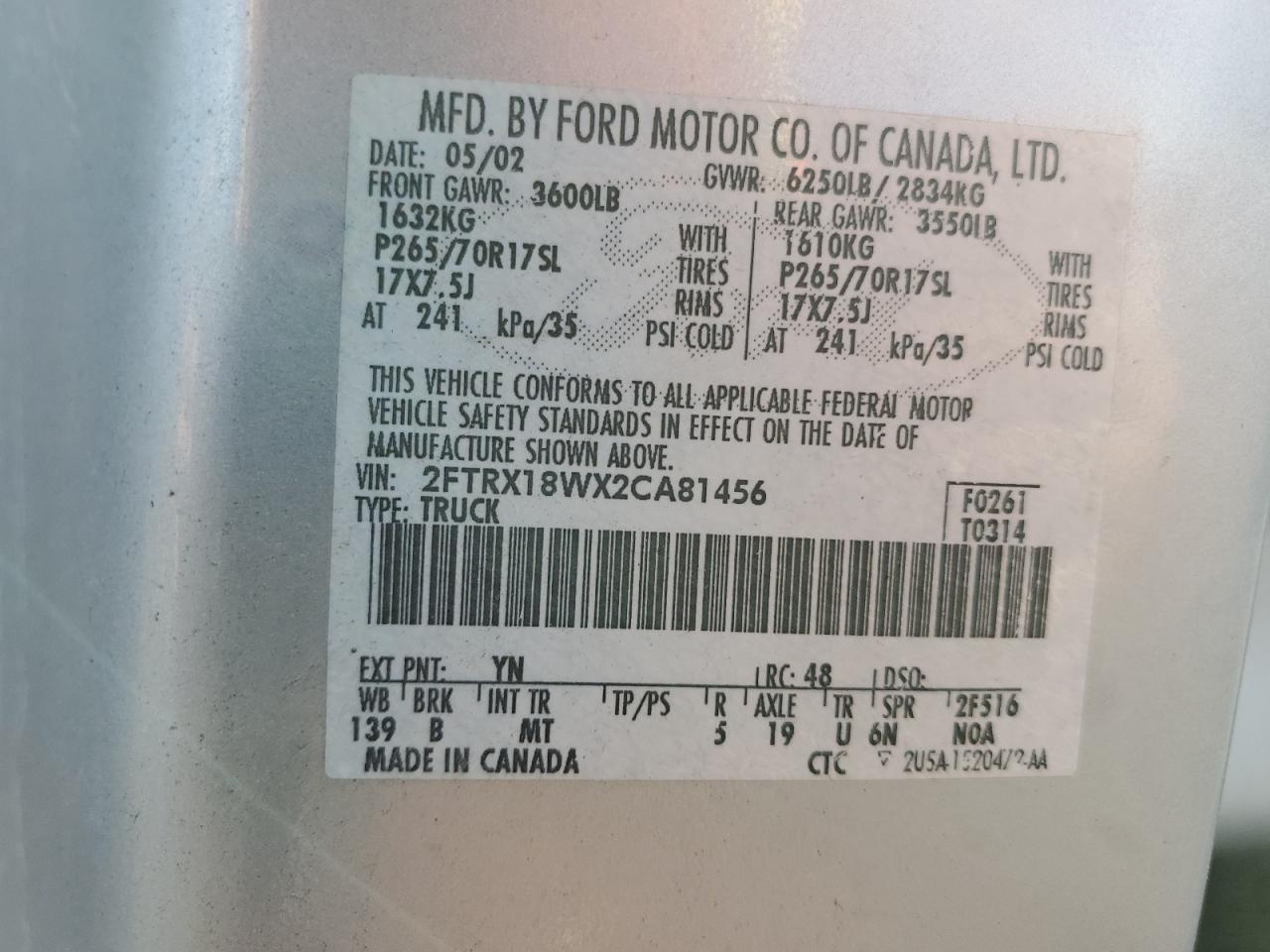 2002 Ford F150 VIN: 2FTRX18WX2CA81456 Lot: 91114255