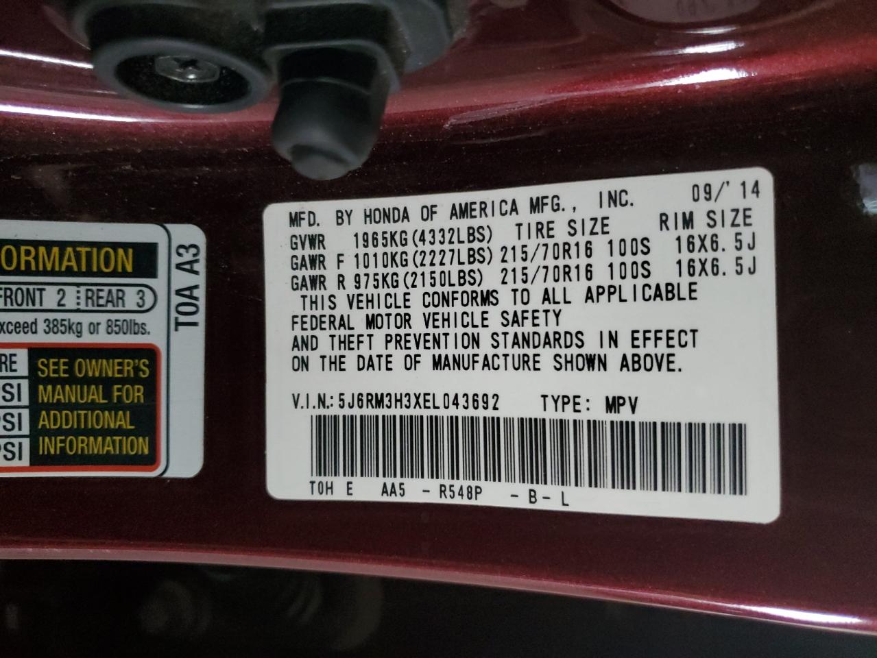 2014 Honda Cr-V Lx VIN: 5J6RM3H3XEL043692 Lot: 92738395