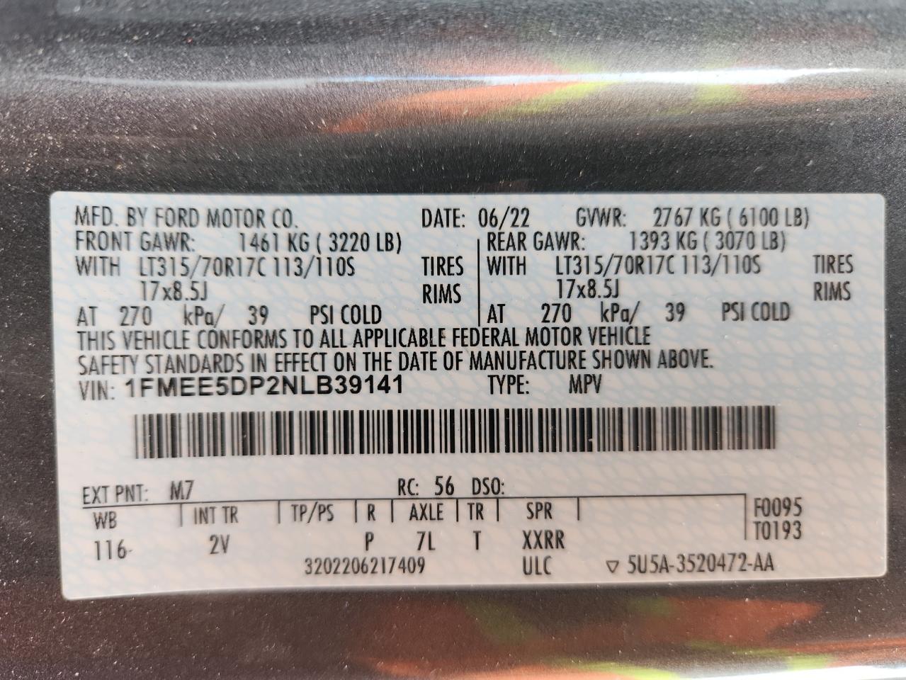 2022 Ford Bronco Base VIN: 1FMEE5DP2NLB39141 Lot: 92195365