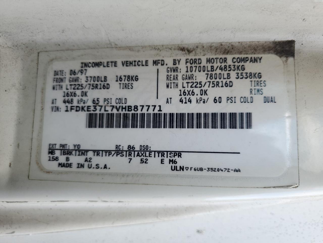 1997 Ford E350 Box Truck VIN: 1FDKE37L7VHB87771 Lot: 92054915