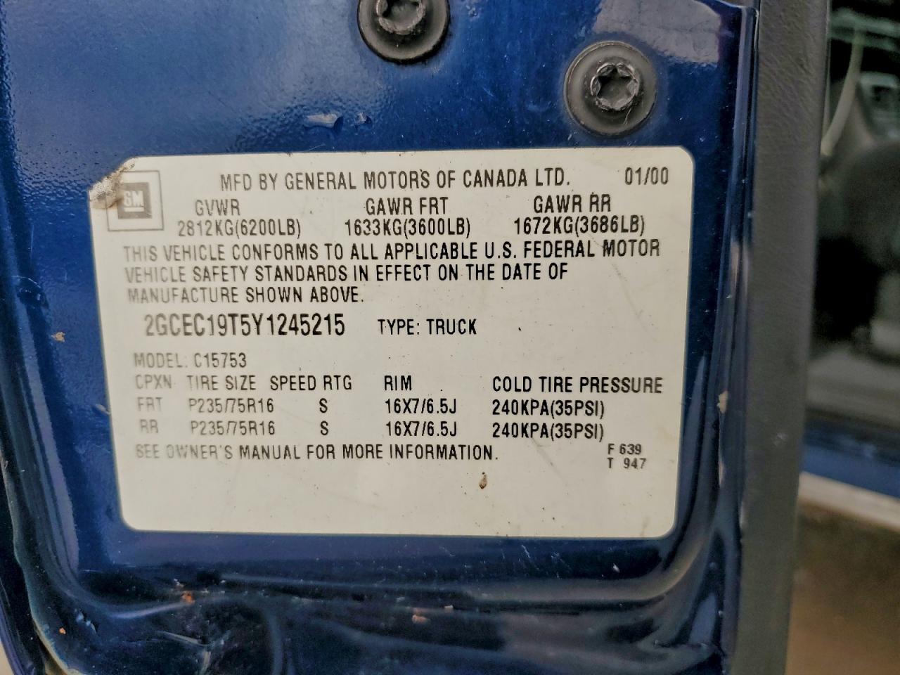 2000 Chevrolet Silverado C1500 VIN: 2GCEC19T5Y1245215 Lot: 93918755
