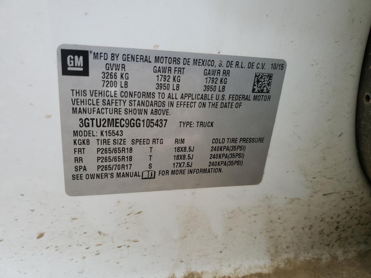 2016 GMC Sierra K1500 Sle VIN: 3GTU2MEC9GG105437 Lot: 92833495