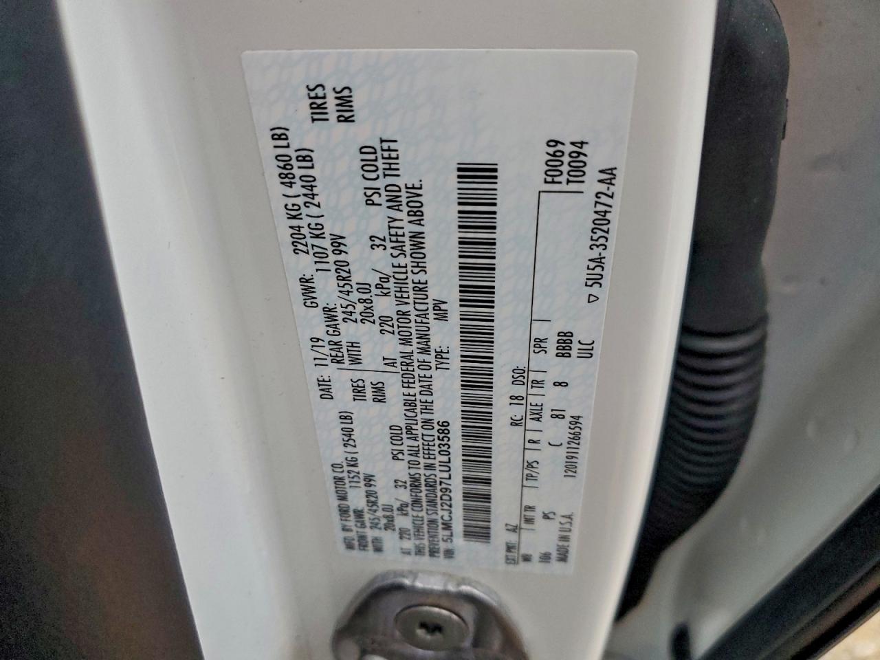 2020 Lincoln Corsair Reserve VIN: 5LMCJ2D97LUL03586 Lot: 93025135