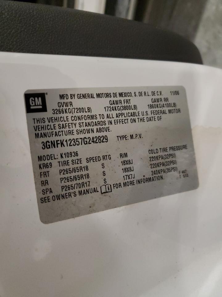 2007 Chevrolet Avalanche K1500 VIN: 3GNFK12357G242829 Lot: 92812665