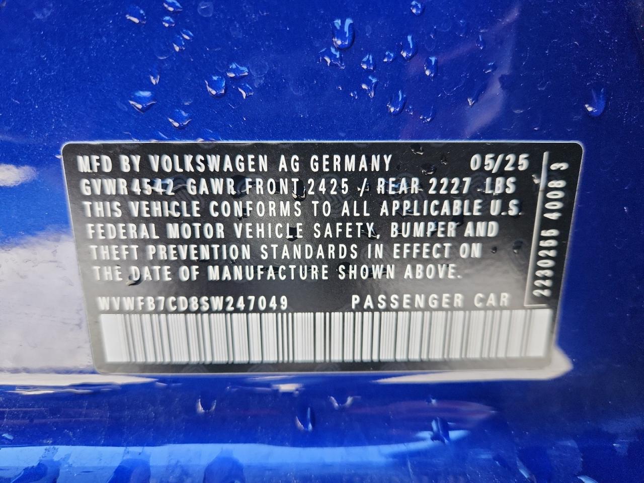 2025 Volkswagen Golf R Black Edition VIN: WVWFB7CD8SW247049 Lot: 92420005