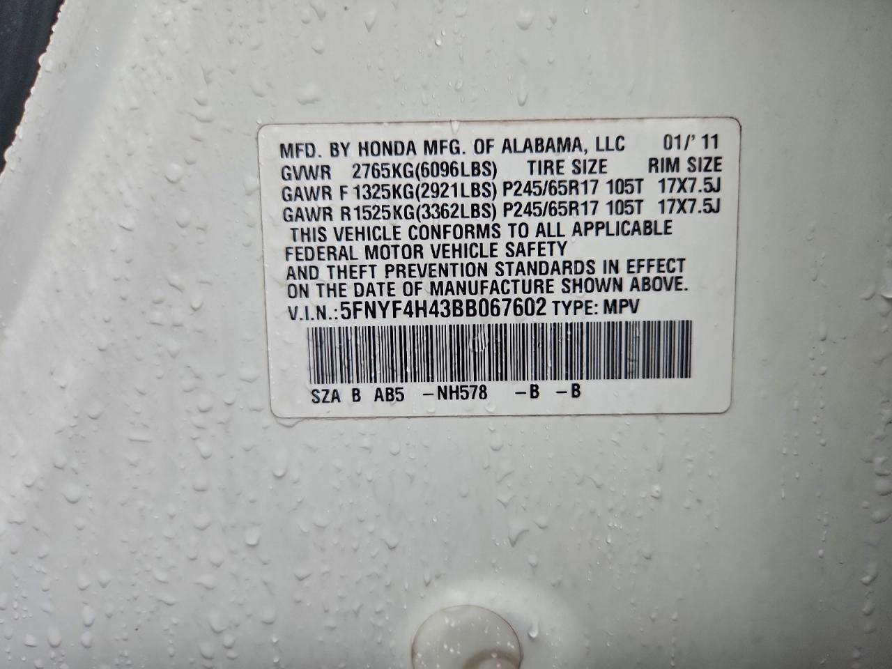 2011 Honda Pilot Ex VIN: 5FNYF4H43BB067602 Lot: 93432495