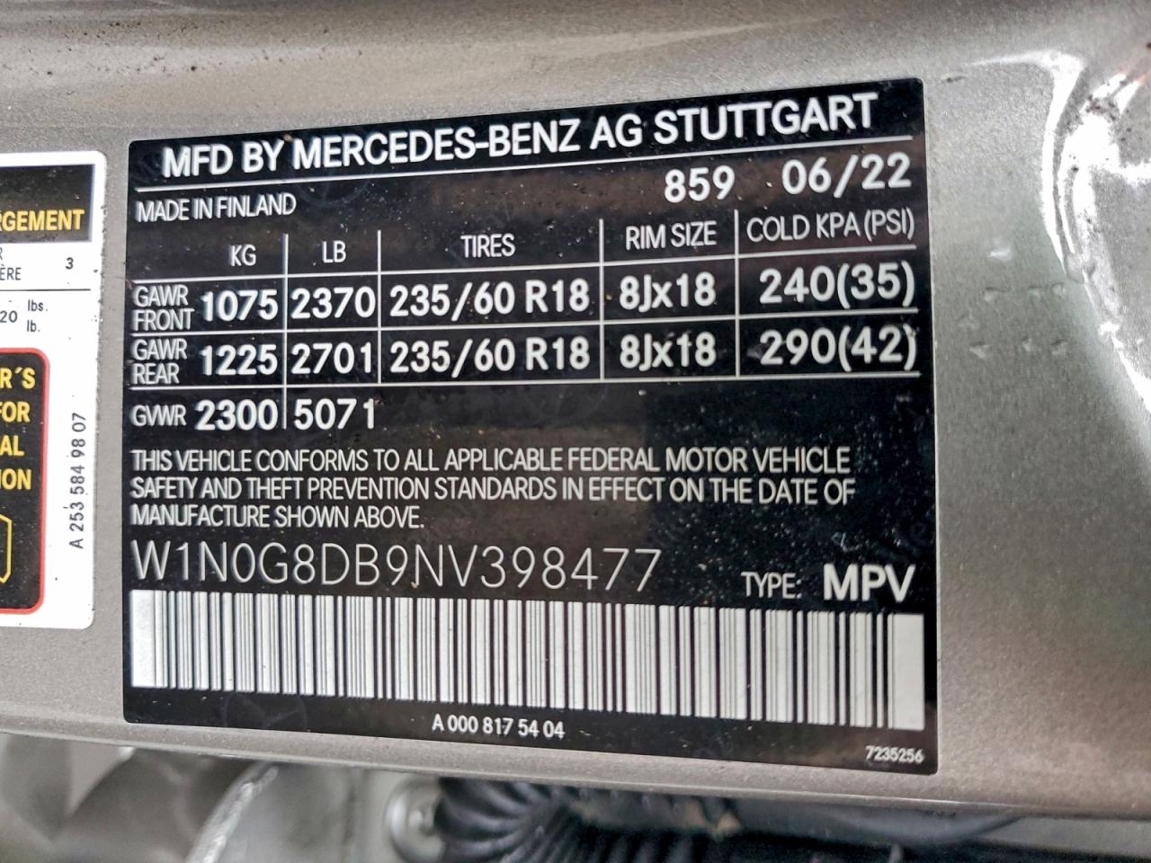 2022 Mercedes-Benz Glc 300 VIN: W1N0G8DB9NV398477 Lot: 93044095