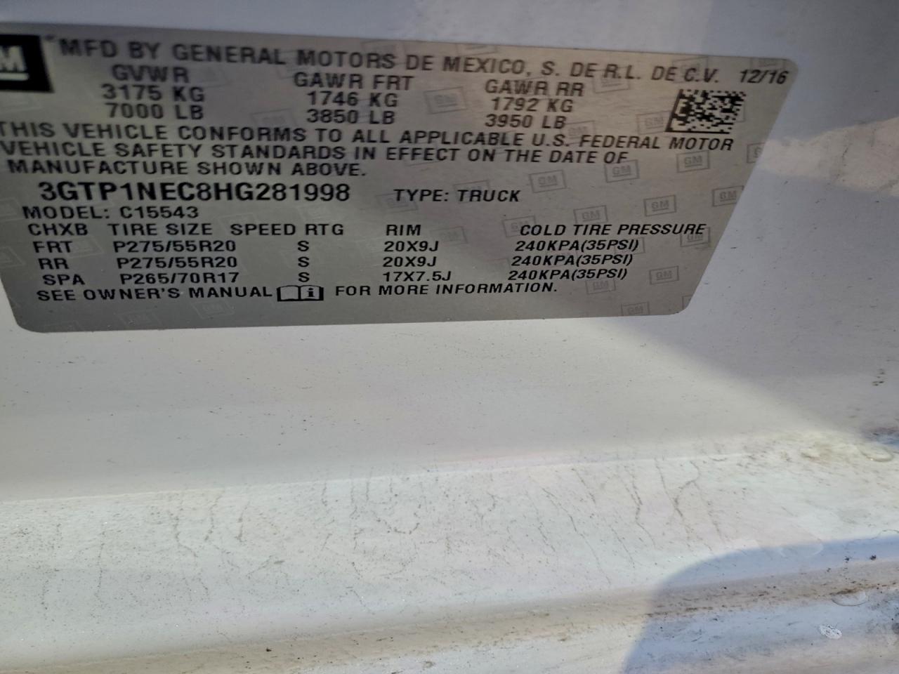 2017 GMC Sierra C1500 Slt VIN: 3GTP1NEC8HG281998 Lot: 92695655
