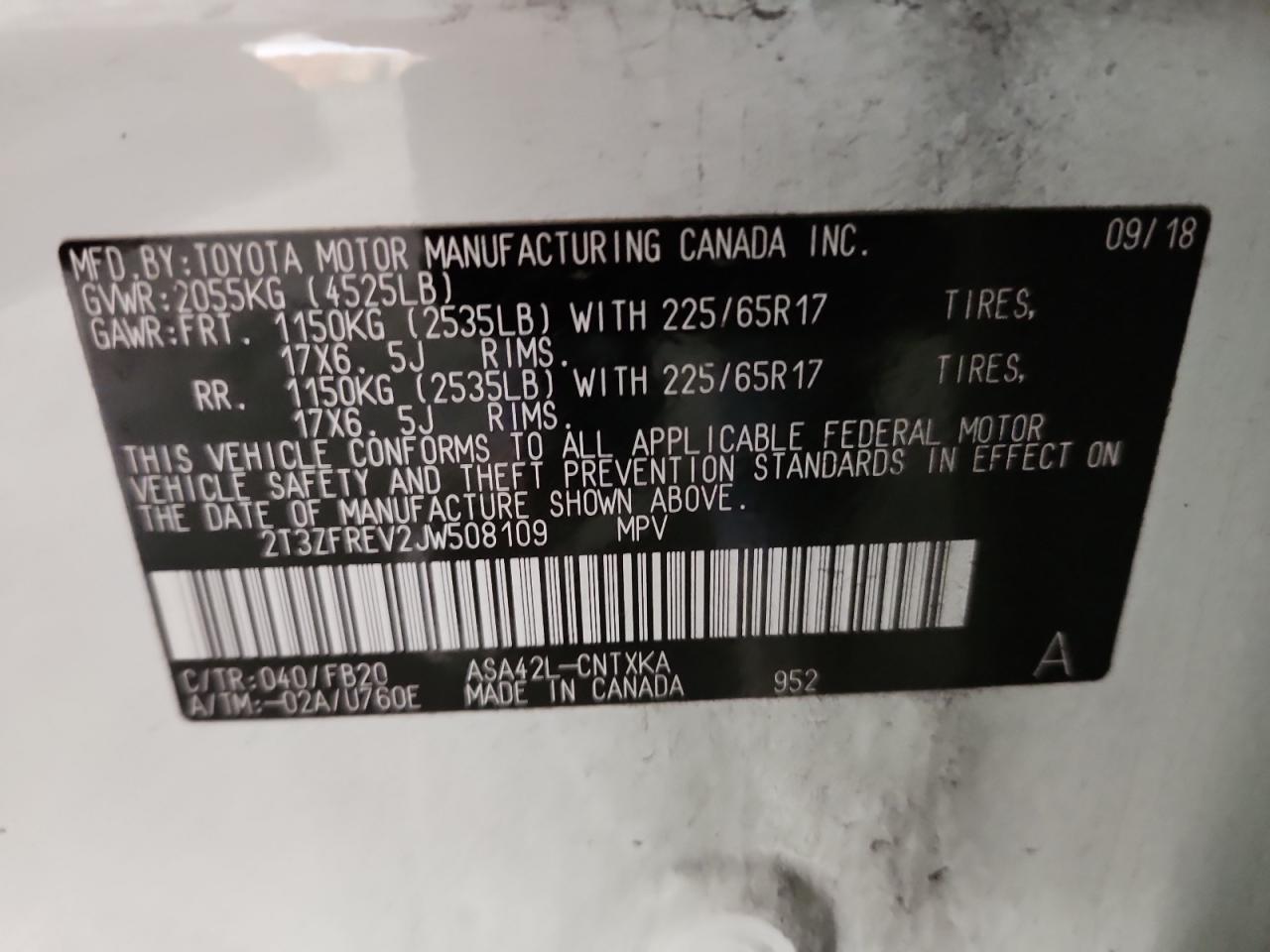 2018 Toyota Rav4 Le VIN: 2T3ZFREV2JW508109 Lot: 92246615